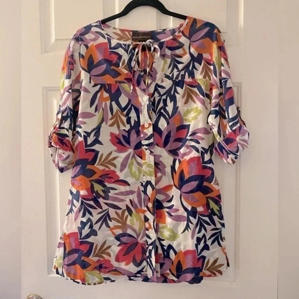 Dana Buchman Women's Floral‎ Cotton Button down Tunic Roll Tab Sleeves Size S
